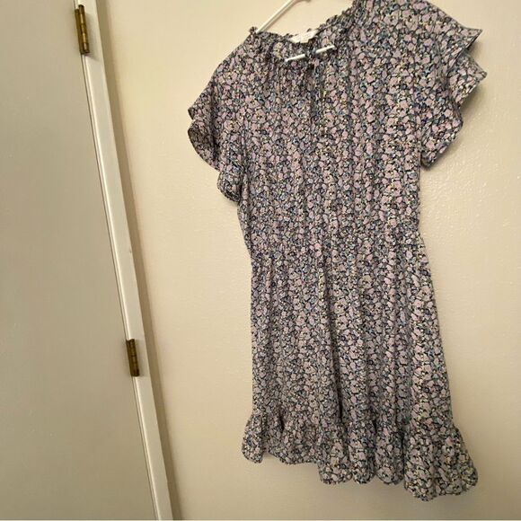 Summer dress short tie neck ruffle flutter micro floral print feminine fairy L - Picture 2 of 13